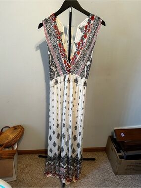 True Destiny White Maxi Dress with Black Print and Red Floral Trim